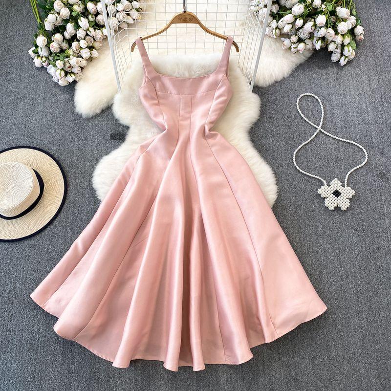 

Fashion Shiny Surface Glossy A- line Sling Dress Gown Pink S