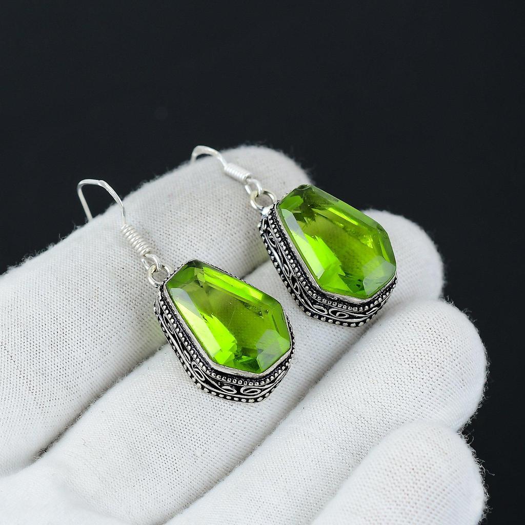 Amazing Peridot Coffin Gemstone Earrings, 925 Sterling Silver Earring, Handmade Boho Silver Jewelry Dangle Earrings, Party Wear Gift