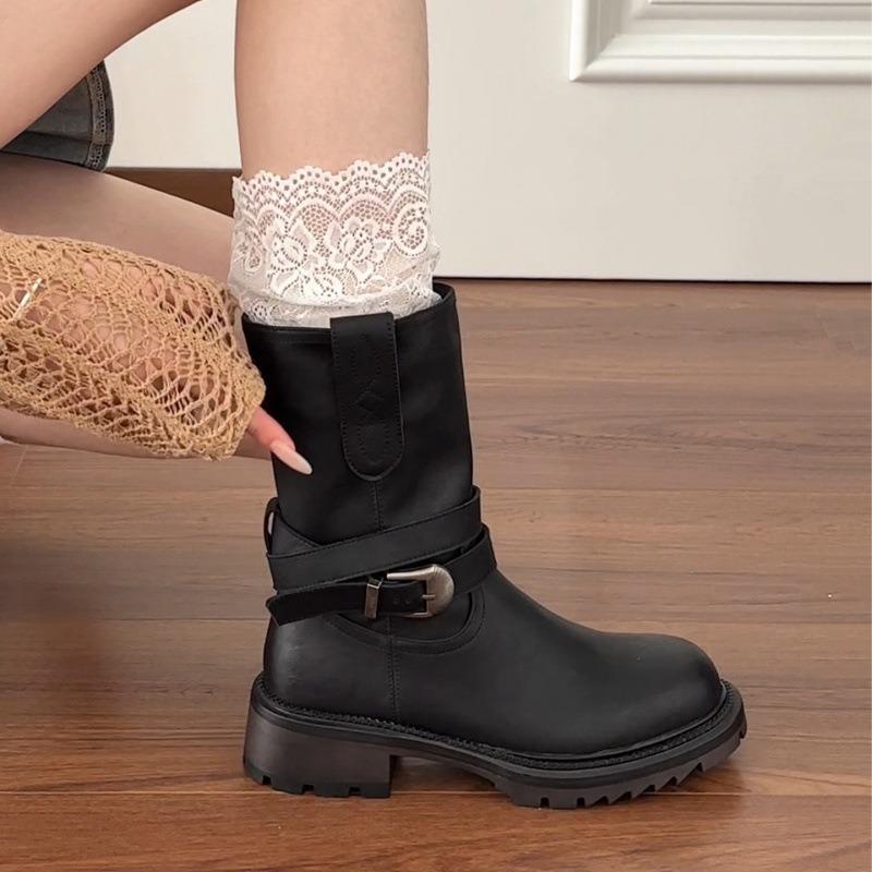 Cowhide Version Wasteland Wind Thick-soled Martin Boots Women's Round Head Autumn and Winter New Knight Boots Retro Belt Buckle Locomotive Short Boots