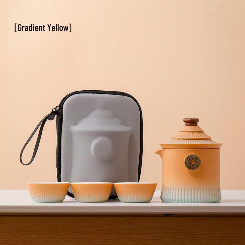 Palace Museum Style Portable Ceramic Travel Tea Set - One Pot, Three Cups