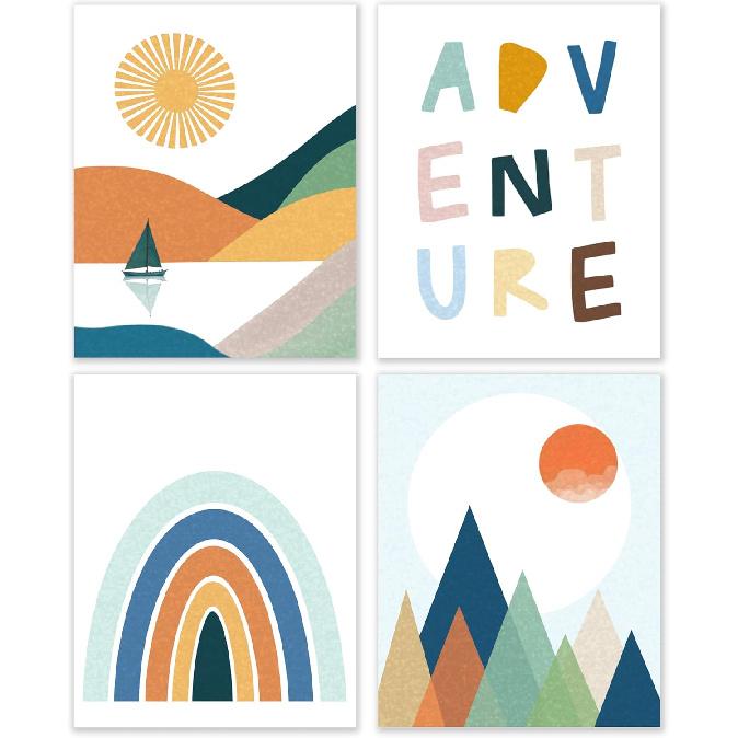 BESERH Boho Nursery Adventure Wall Art Set of 4, Adventure Nursery Decor, Boho Sun Woodland Mountain Forest Posters Wall Decor for Baby Toddler Boy Red-boho