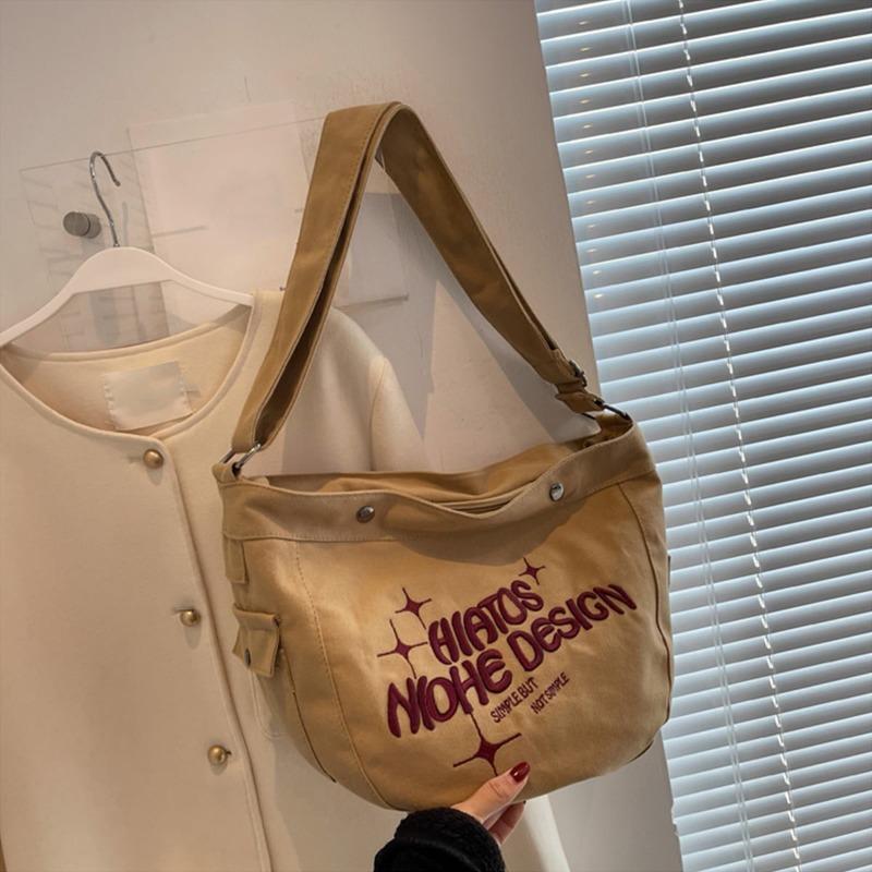 Simple Canvas Bag Large Capacity Shoulder Bag Women's Embroidered Tote Bag Bucket Bag