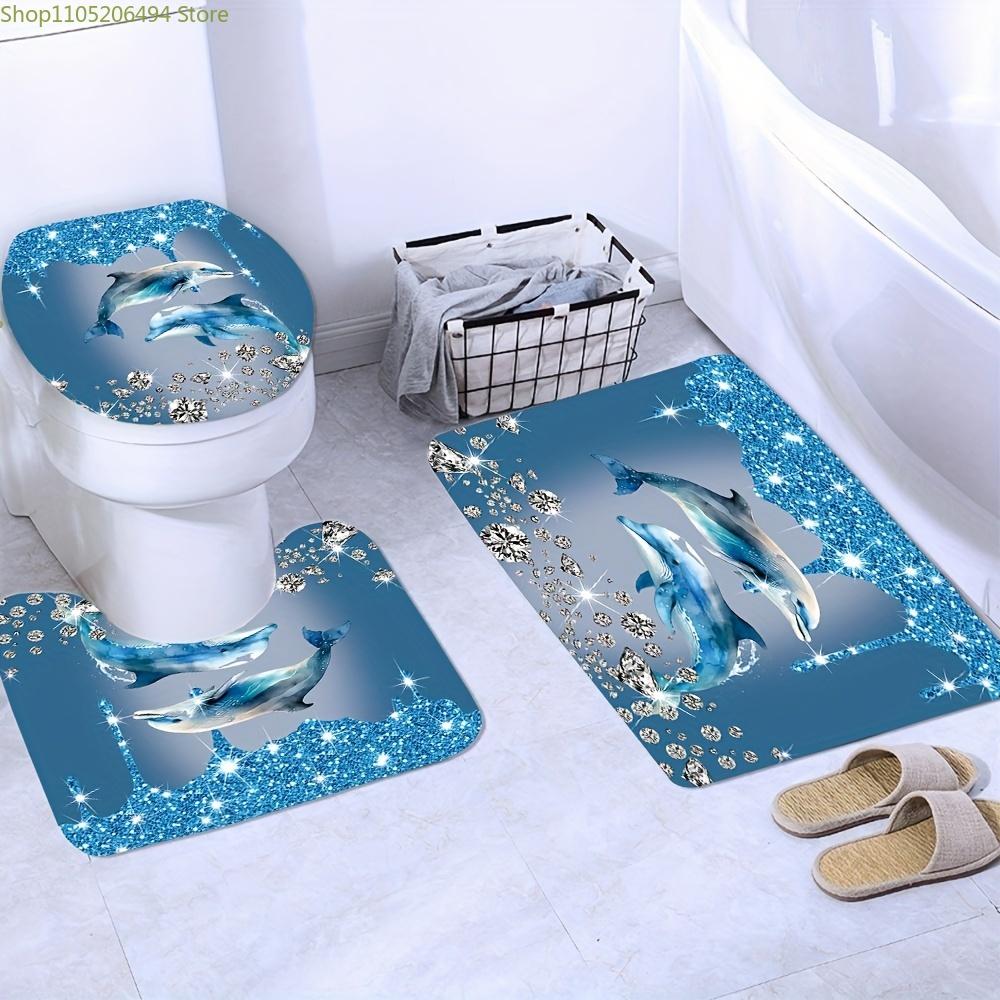 1/3/4pcs Blue Diamond Dolphin Print Shower Curtain Set Non-Slip Toilet Lid U-Shaped Polyester Fabric Shower Curtain with 12 Ho