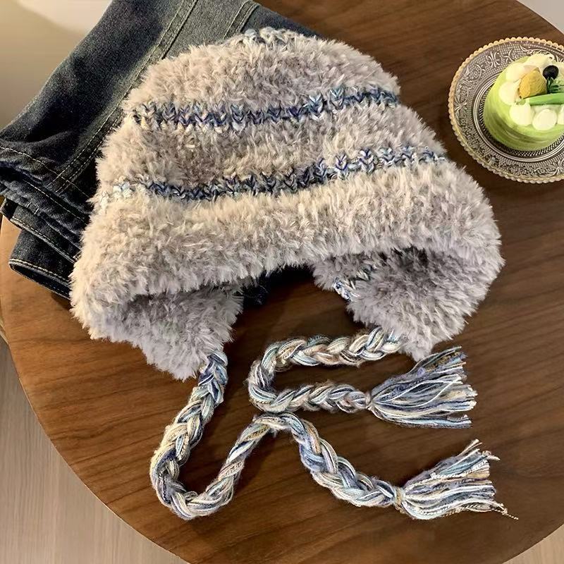 New Plush Hat Women's Autumn and Winter Warm Ear Protection Wool Hat Shows a Small Face Knitted Hat Bag Dual-purpose