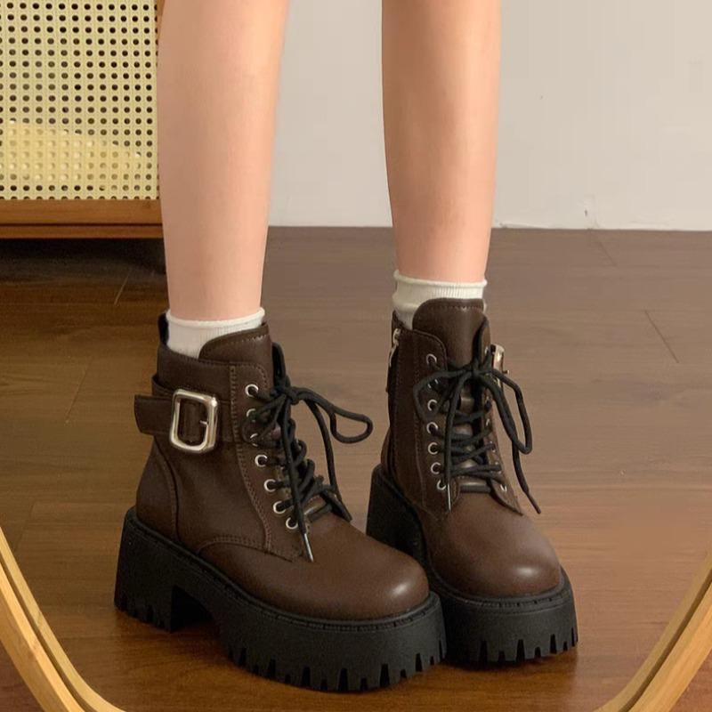 Western Booties Fashion Round Toe Lace-Up Side Zipper Platform Non-Slip Wear-Resistant Block Heel Shoes 35 коричневый