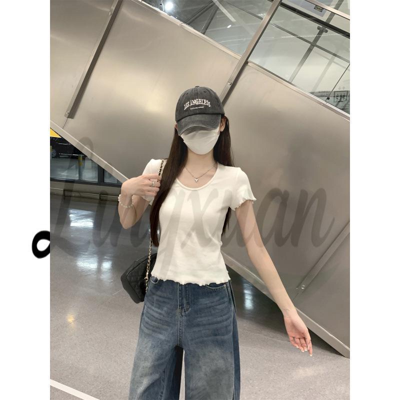 

Elegant Korean Style U-neck Ruffled Short Sleeve T-shirt for Women Medium абрикосовый