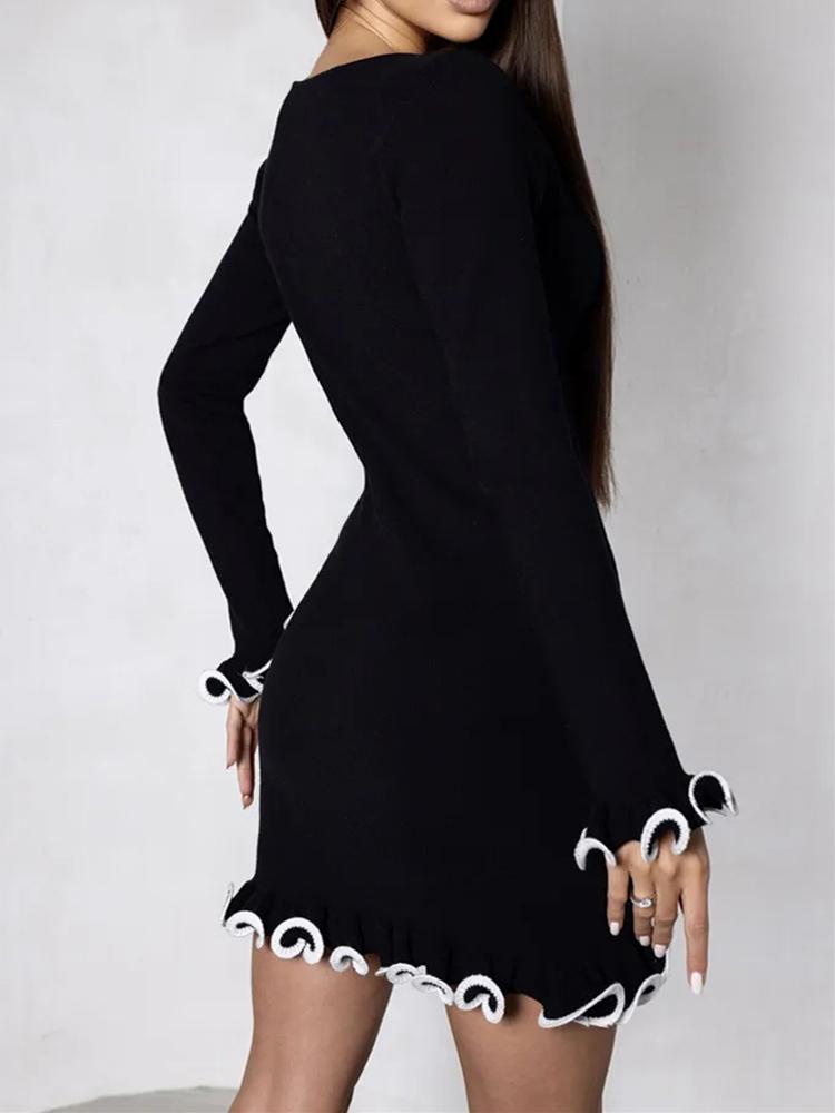 Knitted Mini Dress For Women Fungus Contrast Color Slim Sweater Dress Elegant Female Party Clothes Long Sleeve Spring New Dress