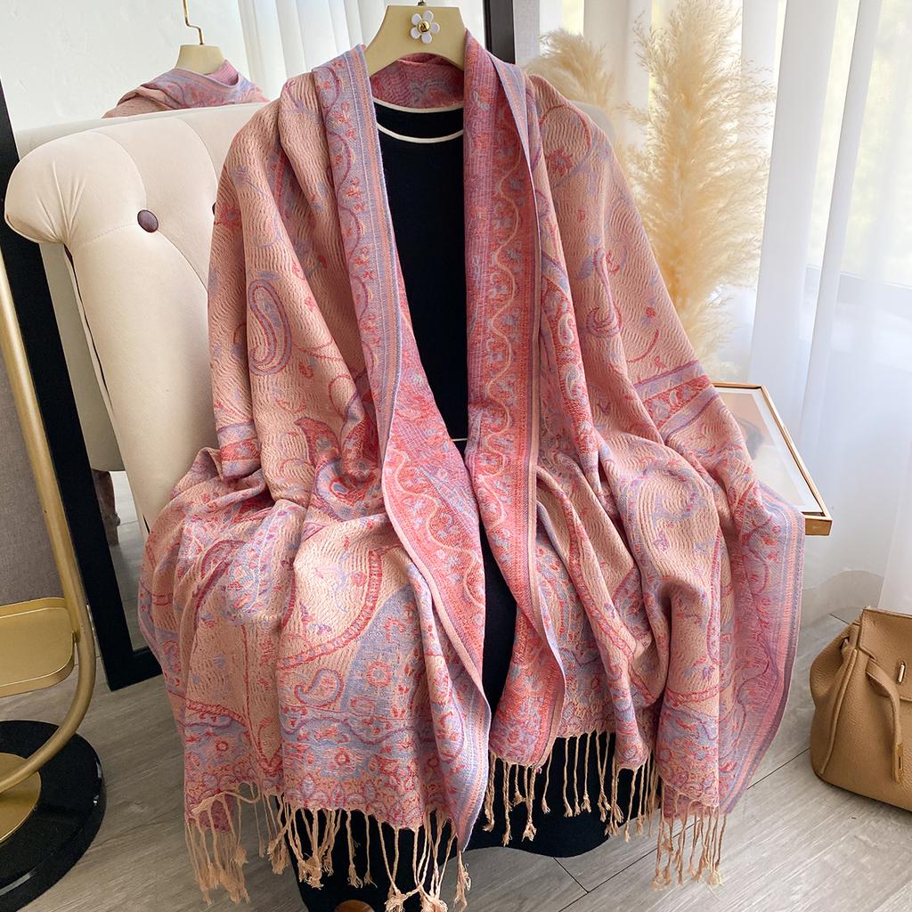Luxury Winter Women's Cashmere Scarf - Printed Tasseled Embroidered Shawl, Warm Pareo Cape & Elegant Poncho