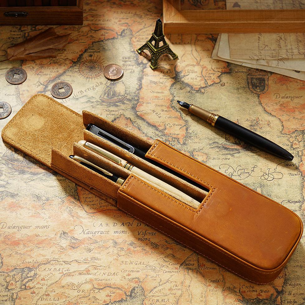 Retro Genuine Leather Zipper Closure Fashion Durable Pencil Drawer Organizer Crazy Horse Cowhide Pen Storage Three Pen Case Bag