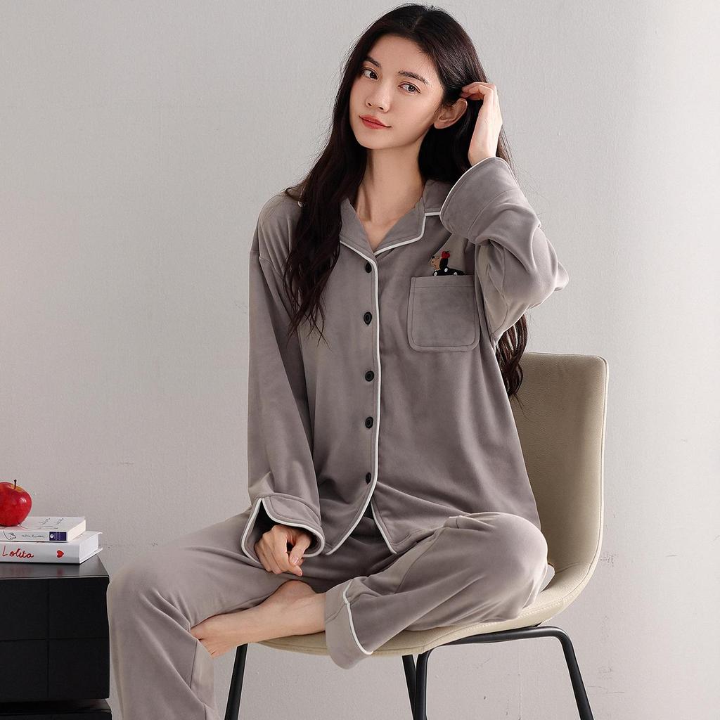 Sea Island Velvet Women's Winter Pajamas - Long Sleeve, Long Pants, Thick Coral Fleece Cardigan Homewear Set