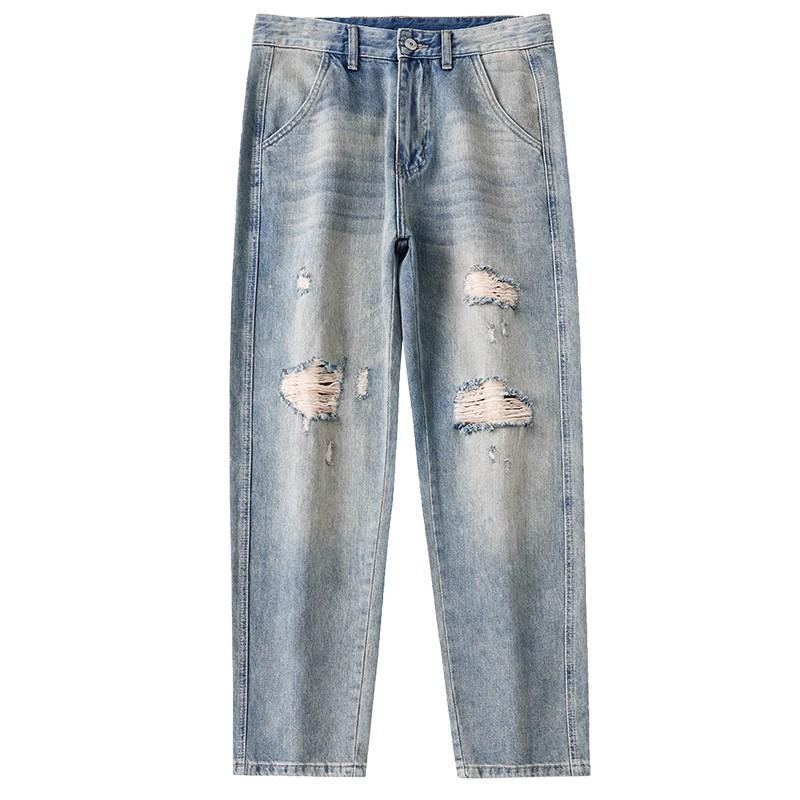 Ripped jeans men's new spring and summer washed pants men's loose straight casual versatile beggar trousers
