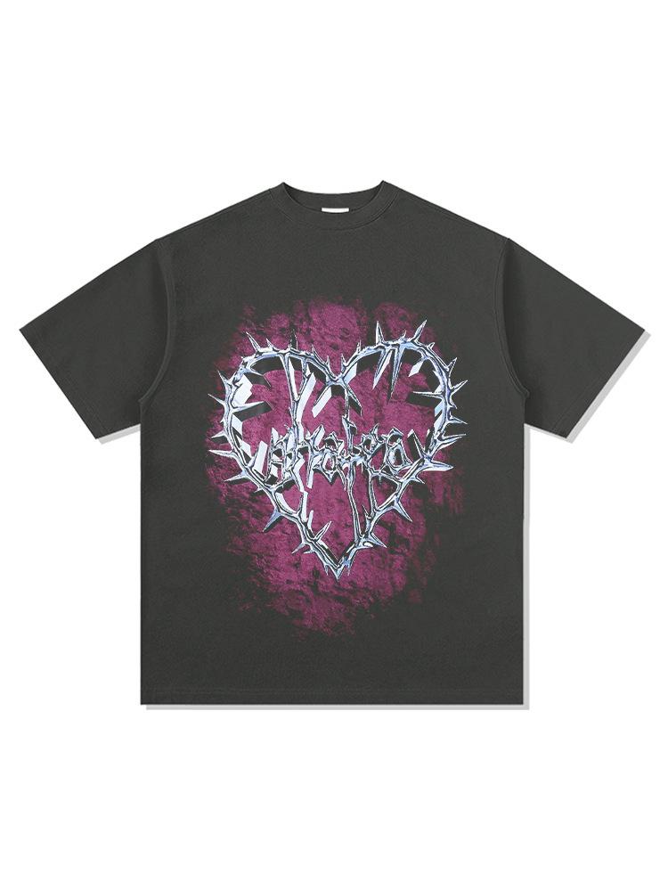 Washed Retro High Street Thorns Small Heavy Vintage Printed Short-Sleeved T-Shirt Retro Neckline Love Bottoming Shirt Cotton