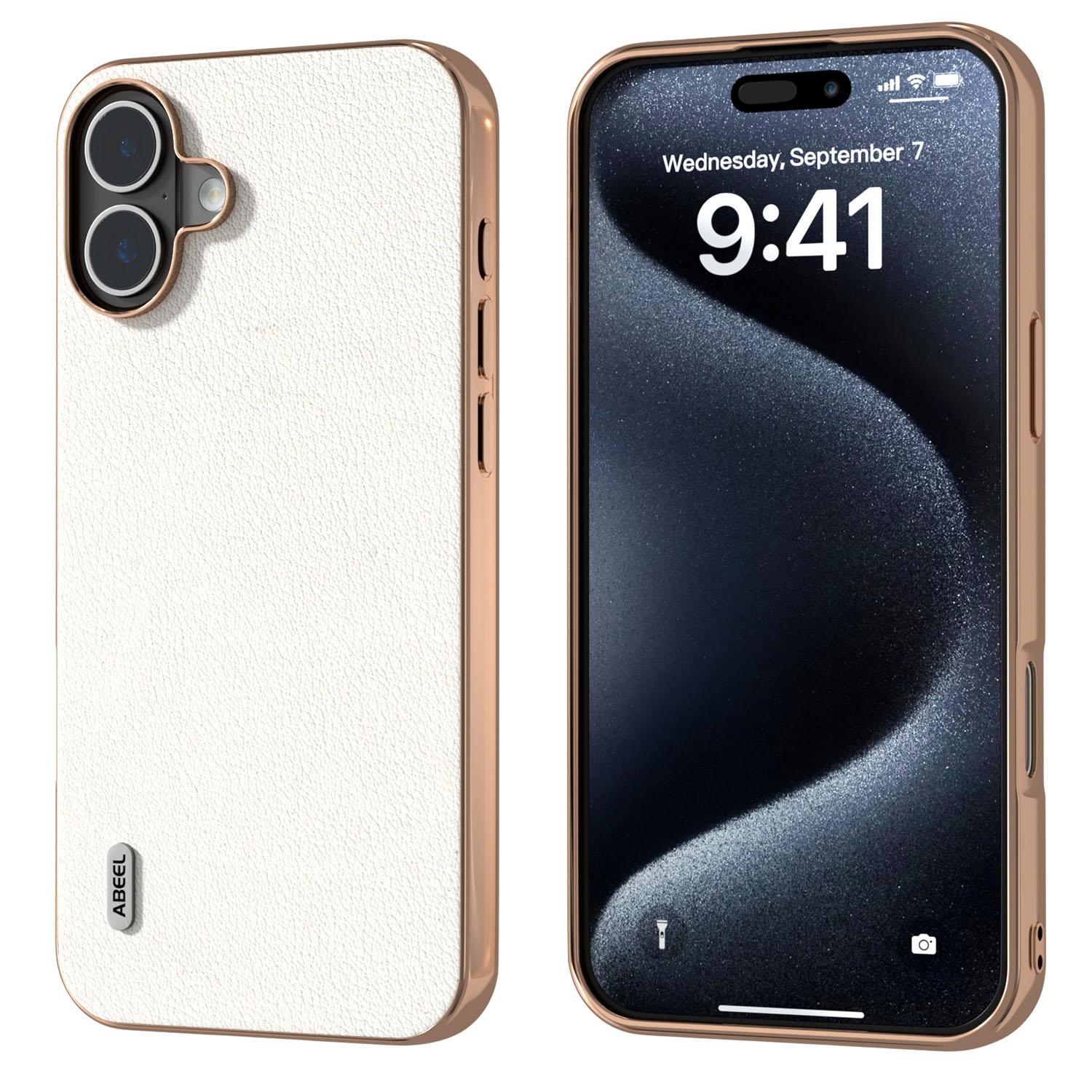 

ABEEL For iPhone 16 Case Electroplating Edge Genuine Cow Leather+PC+TPU Phone Cover Grey