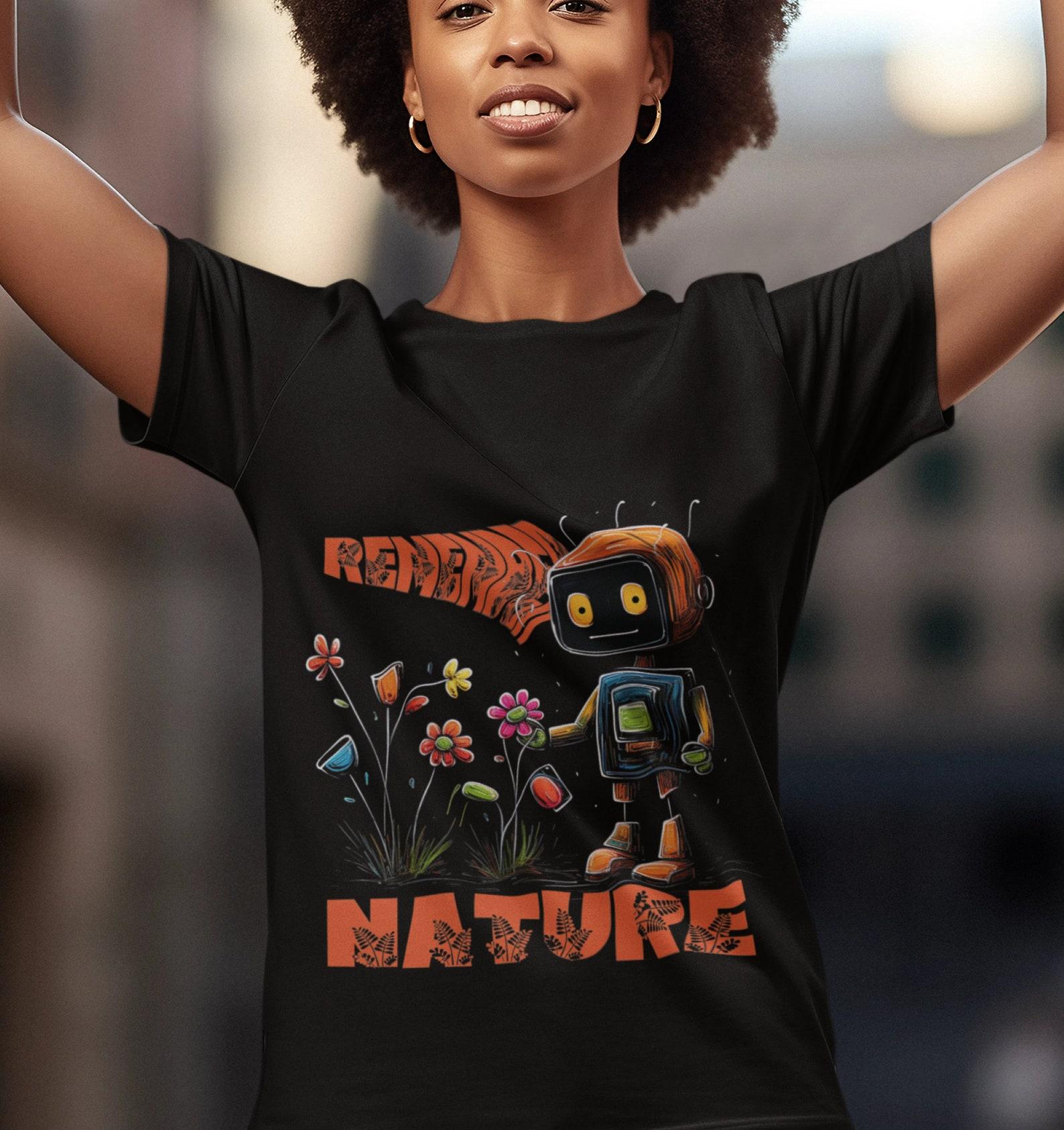 Remember Nature T-Shirt: Robot Picking Flowers, Crayon Art Print L