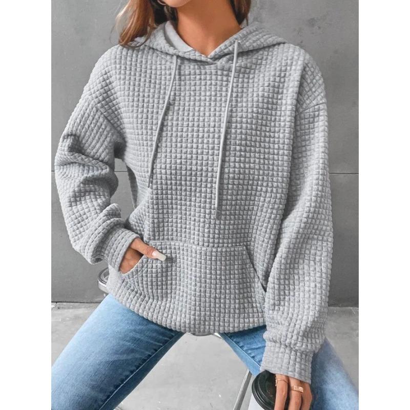Color Block Waffle Drawstring Hoodie, Casual Long Sleeve Pocket Sweatshirt, Women's Clothing