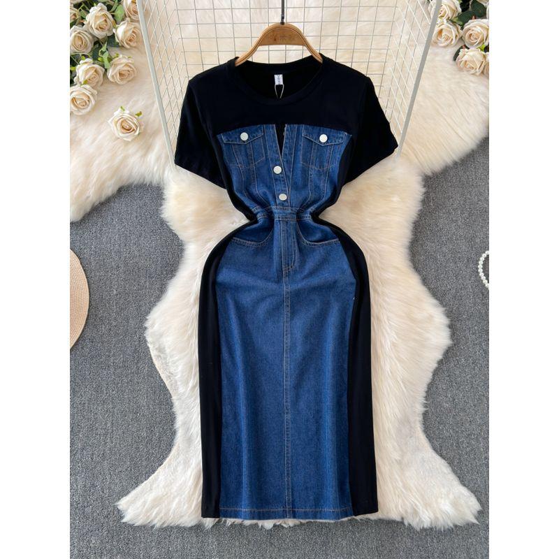 Internet Celebrity Niche Style Patchwork Denim Dress round Neck Short Sleeve