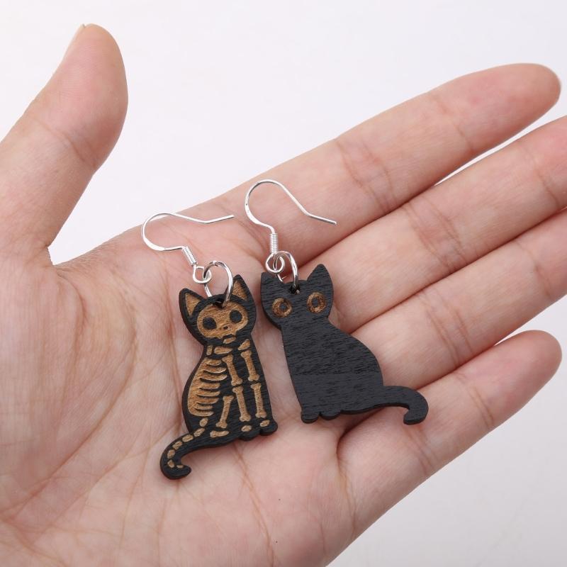 Halloween Cats Earring Wooden Black Cats Dangle Earrings Skeleton for Cats Drop Earring Pendant Jewelry Decoration