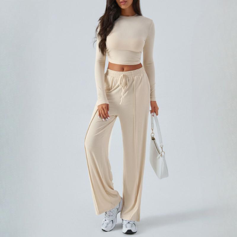 Trening casual de damă din 2 piese: Top scurt cu mâneci lungi și gât rotund cu pantaloni de jogging de bază solizi, ținute sportive pentru antrenament
