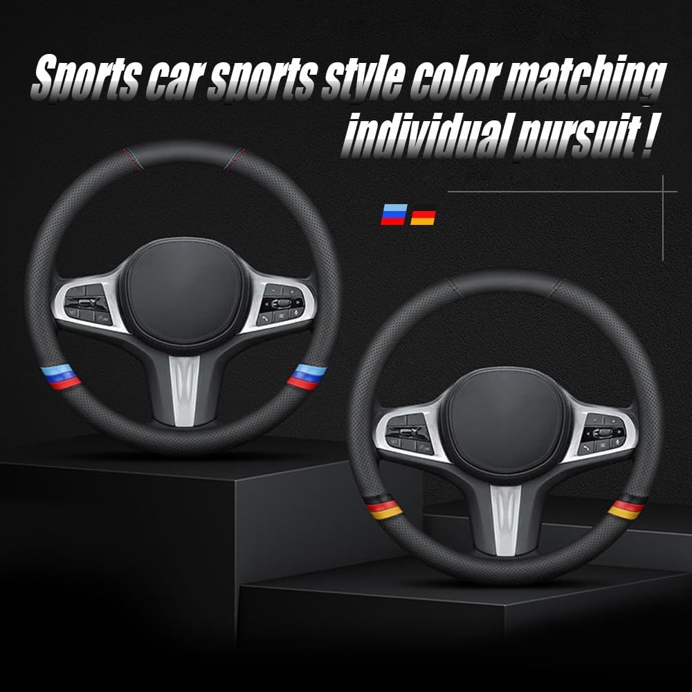 New Nappa Leather Car Steering Wheel Cover, Comfortable, Non-Slip, Sporty Style. For BMW Car Steering Wheel Covers. Black And Blue