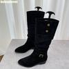Fashion 2025 New Winter Thick Heel Boots Women Western Cowboy Pointed Toe Black/khaki Suede Knee-High Boots Turned-Over Edge Boots