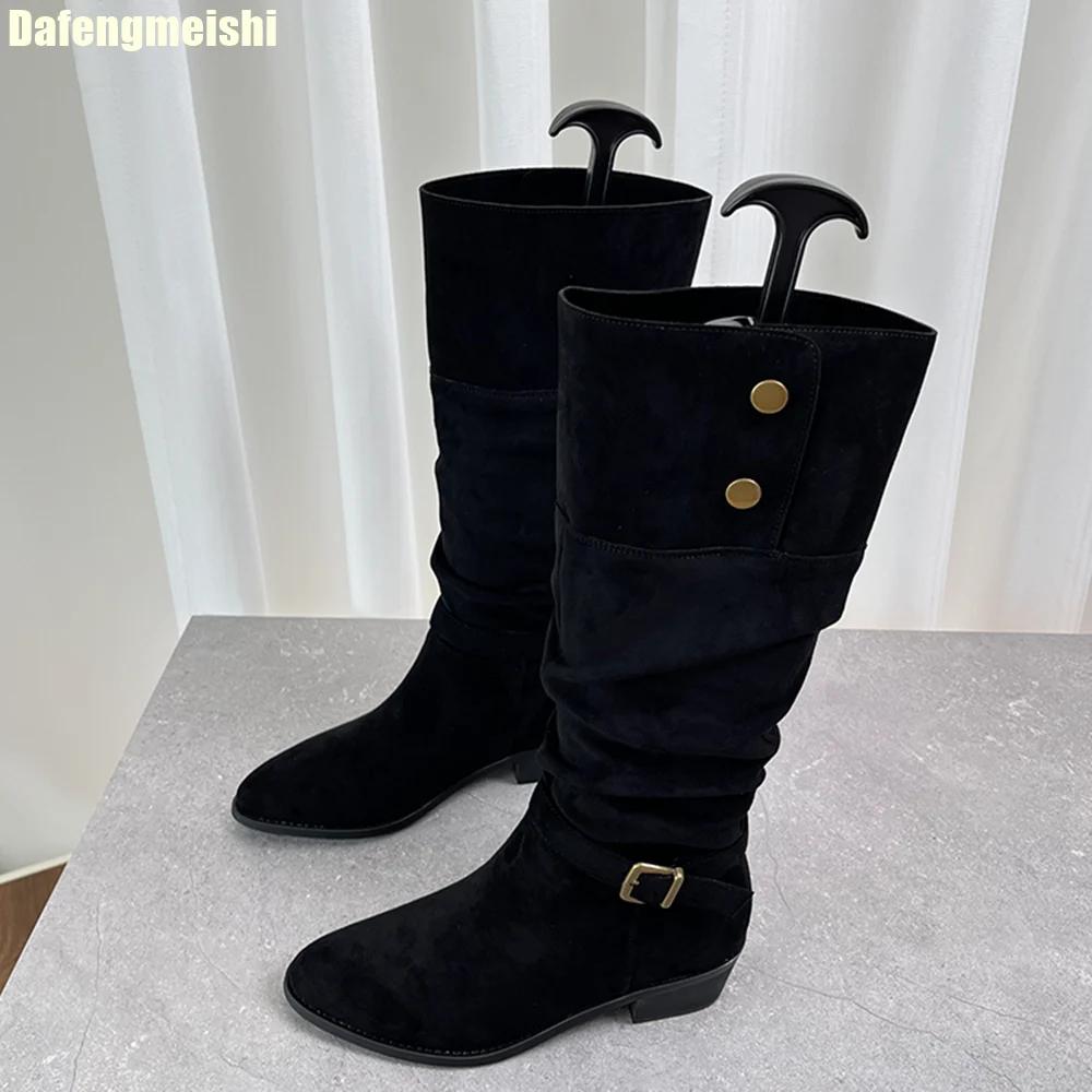2025 New Winter Thick Heel Boots Women Western Cowboy Pointed Toe Black/khaki Suede Knee-High Boots Turned-Over Edge Boots
