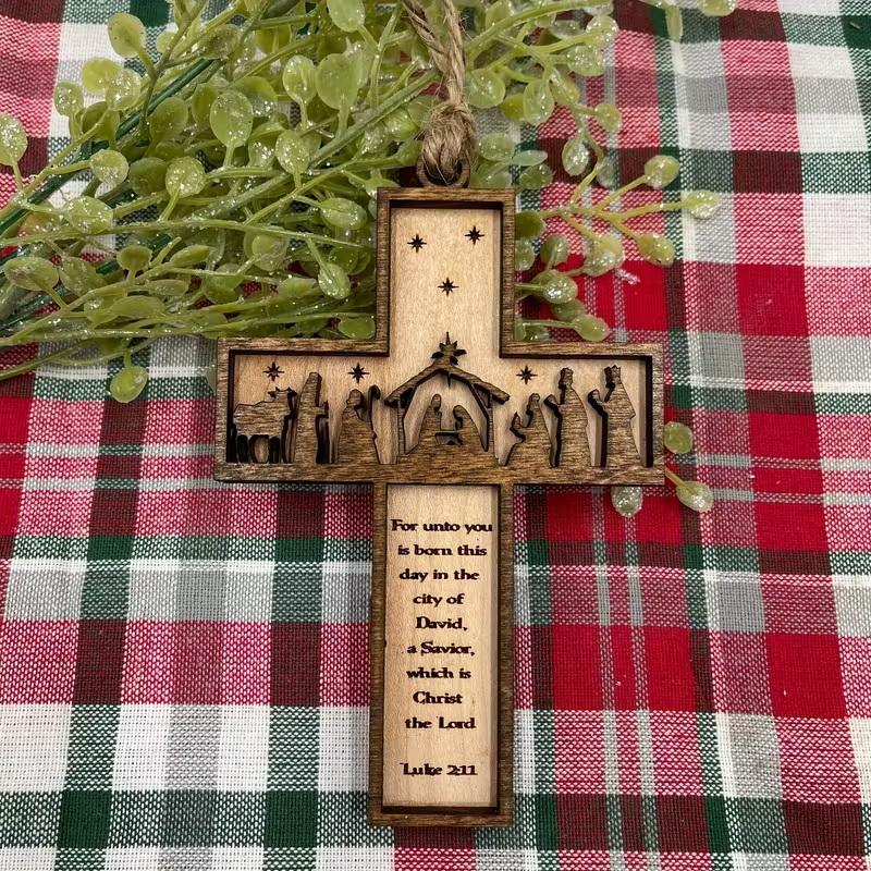 1pc 3D Nativity Scene Wooden Cross Ornament, Handmade Christmas Tree Decoration, Home And Religious Decoration