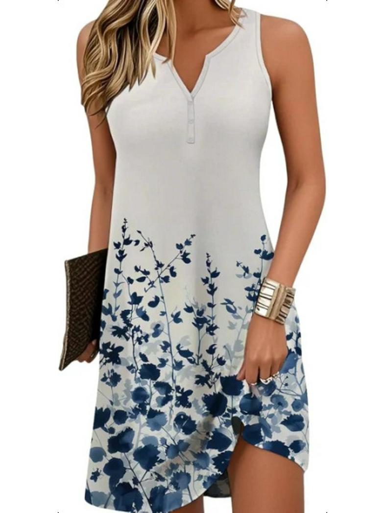 Spring & Summer 3D Print V-neck Sleeveless Women s Long T-shirt Dress S
