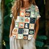 Women's Fashion Henley Neck Single Breasted Halloween Print Shirt Short Sleeve Casual Blouse Lightweight Button Down Top