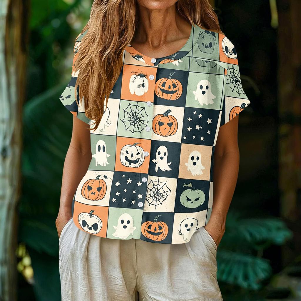 Women's Fashion Henley Neck Single Breasted Halloween Print Shirt Short Sleeve Casual Blouse Lightweight Button Down Top