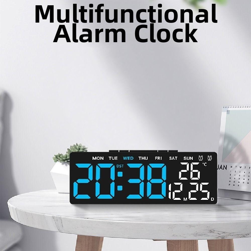 12/24H Format LED Electronic Clock 2 Alarms Date Week Large Digital Clock 3 Levels Brightness Temperature Display Alarm Clock
