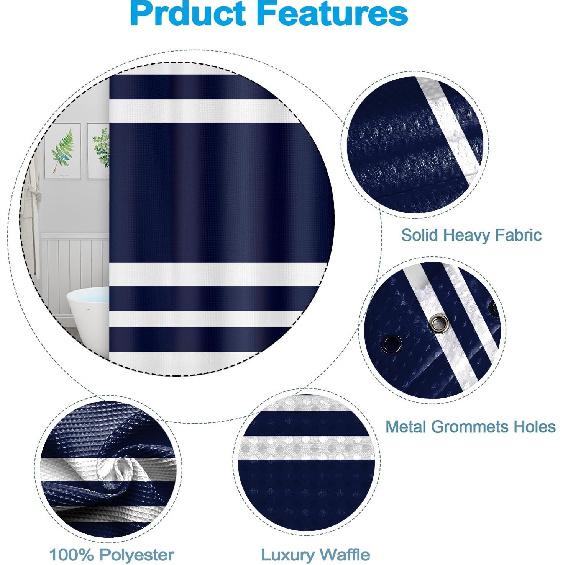 White Navy Blue Shower Curtain for Bathroom 72x72inches Boho Navy Blue and White Striped Waffle Shower Curtain Set with Hooks Bohemia Geometric