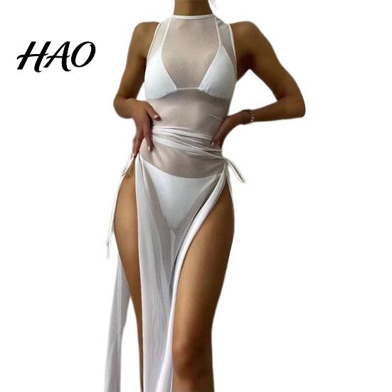 Sunscreen Cover Up O-neck Side High Split Shirring Dress Women Mesh Transparent Sleeveless for Vacation L