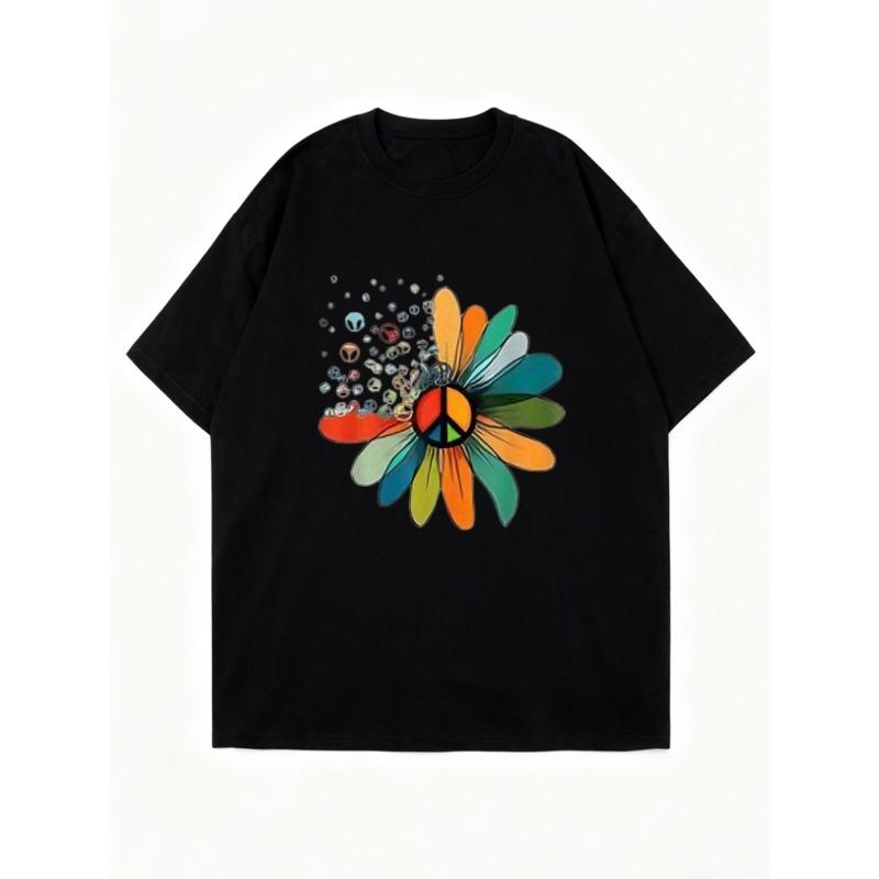 Oversized T Shirt Black Colorful Flower Peace Sign Print Casual Wear For Women Summer Streetwear Fashion Top
