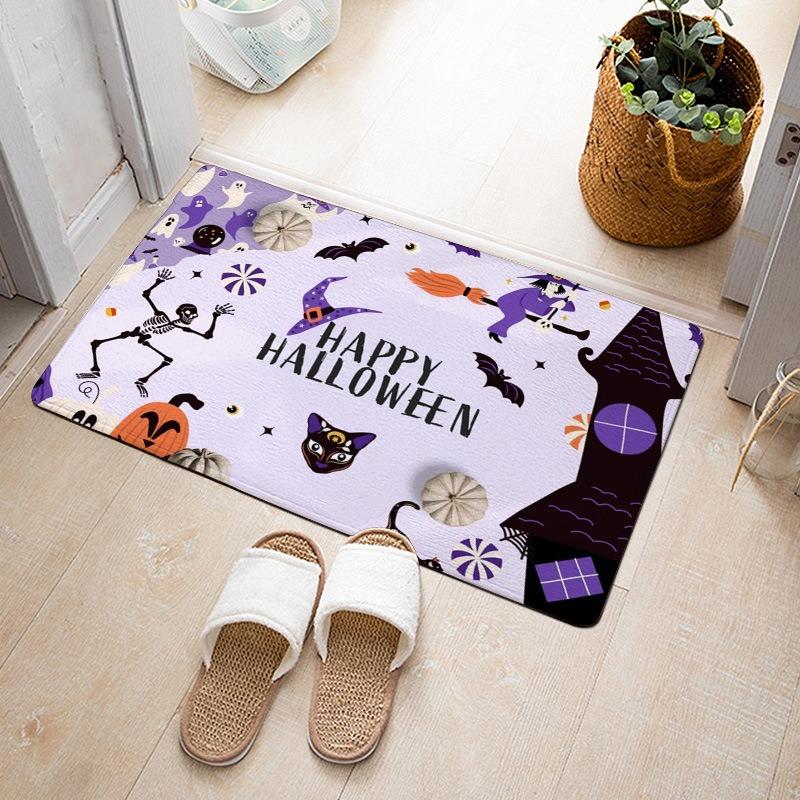 Halloween Theme Door Mat With Pumpkin Black Cat Ghost Bat Witch Hat Castle Patterns Fun Cartoon Decorative Entryway Rug