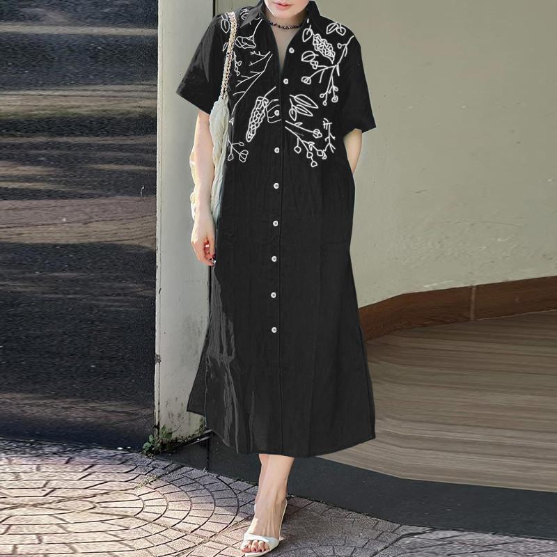 ZANZEA Women Casual Turn Down Collar Short Sleeve Print Shirt Dress