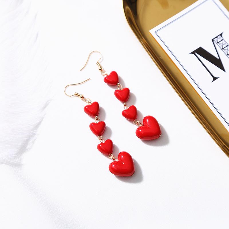 Korean Style Lovely Heart Pendant Long Tassel Earrings Red Peach Drop Ear For Women Girls Best Gift Wholesale