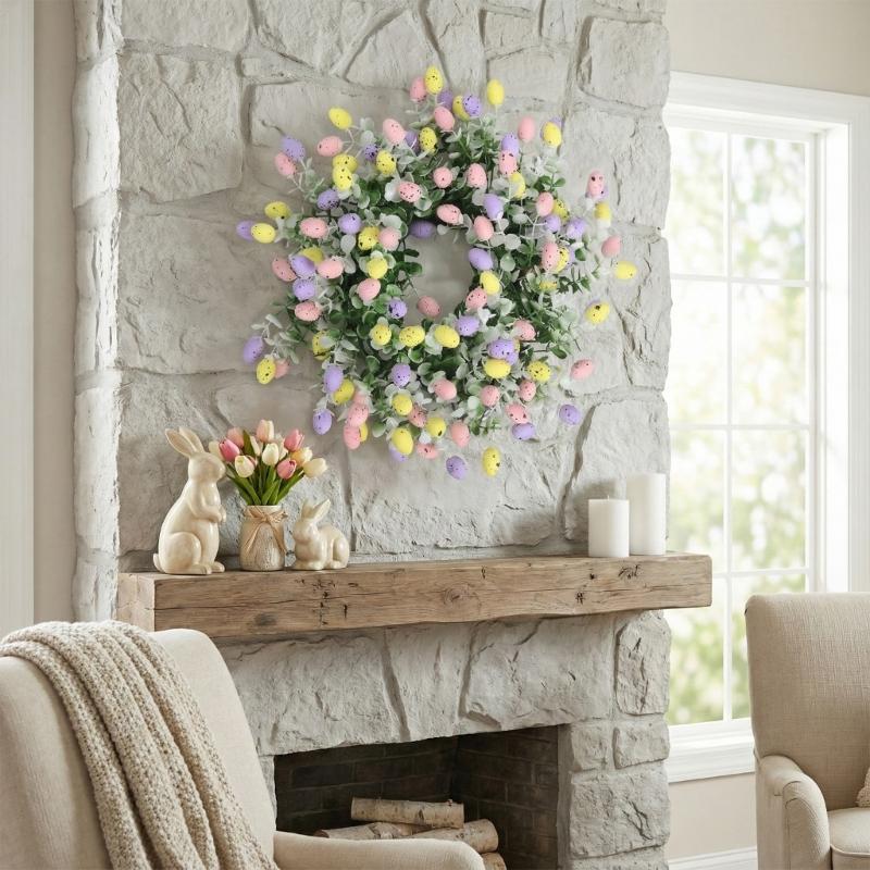 Easter Wreath Artificial Flower Wreath with Easter Eggs Holiday Decoration for Front Door Window Festival Celebration