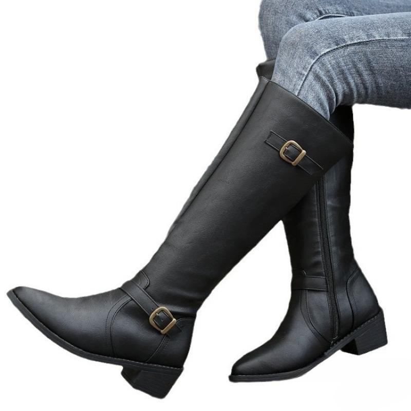 Plus-size Shoes, Square Heels, Pointed Boots, New High-top Knee-length Leather Boots for Women