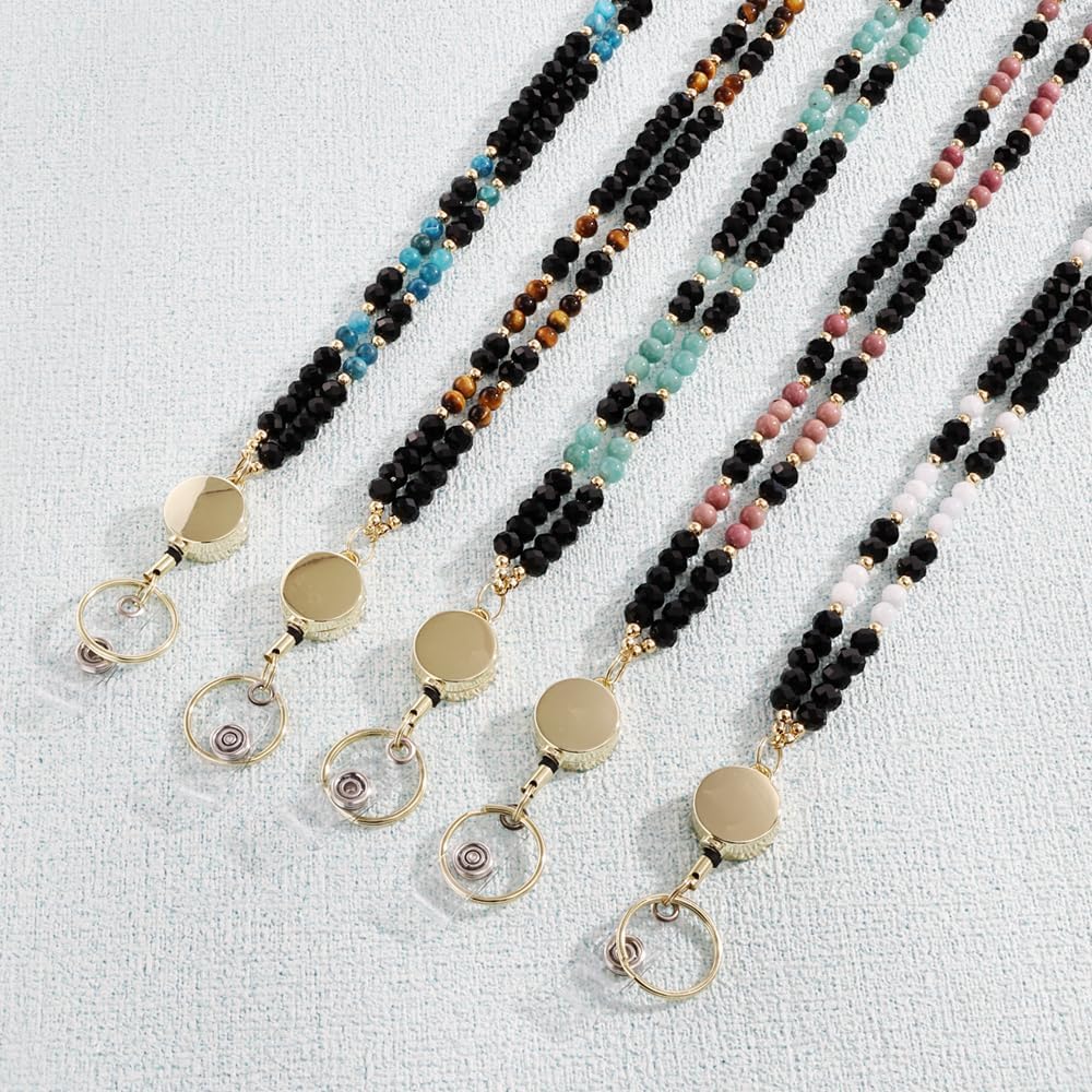 Lanyards for ID Badges for Women Cute,Teacher Lanyard for Women Retractable Natural Crystal Beaded Lanyards for Keys