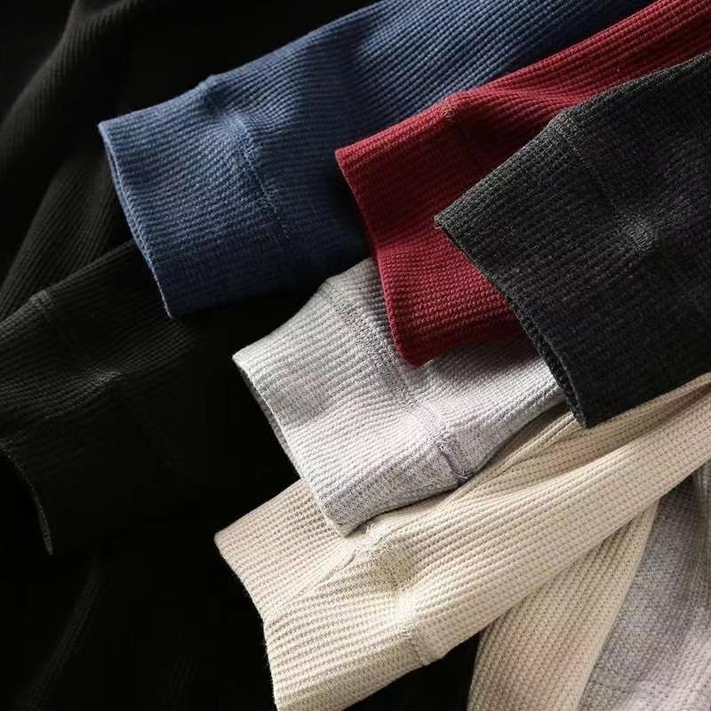 Slim Fit Men's Basic Tee Casual T-shirts Waffle Long Sleeve Shirts Thermal Solid Half Button Breathable Cotton Shirts