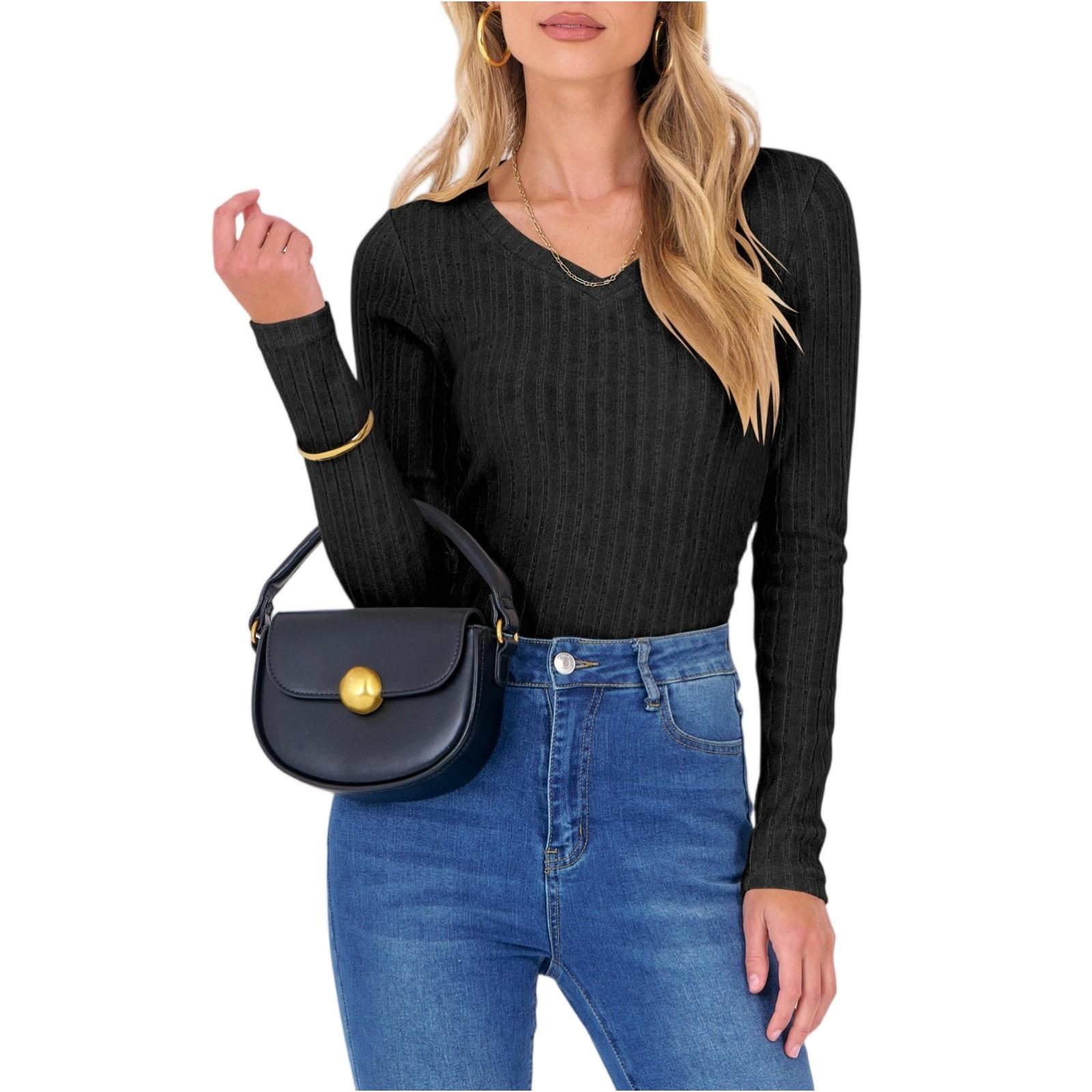 

Women s Solid-color Fashionable Long-sleeved V-neck Top L чёрный
