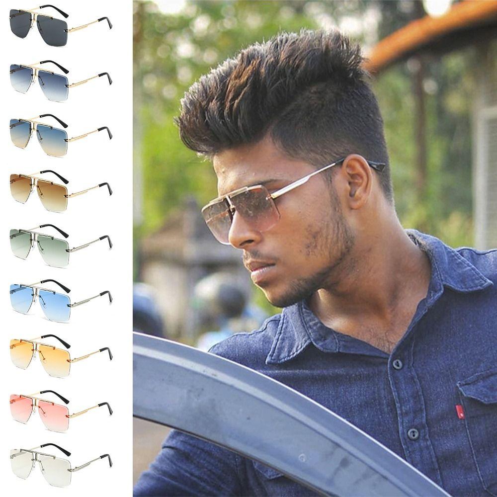 Oversized Double Bridge Frameless Sunglasses Retro Square Frame Men's Shades Outdoor Gradient Lens UV Protection Sun Glasses
