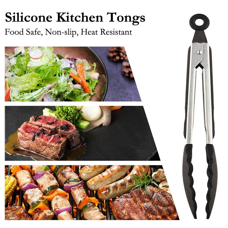 Silicone BBQ Tongs Heat-Resistant Food Tongs Non-Slip Stainless Steel Tongs Kitchen Utensil for Cooking Grilling Pinzas para BBQ
