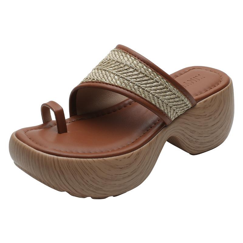 French holiday style platform slippers women's shoes retro straw sleeve toe with sandals muffin sole high heel Roman shoes