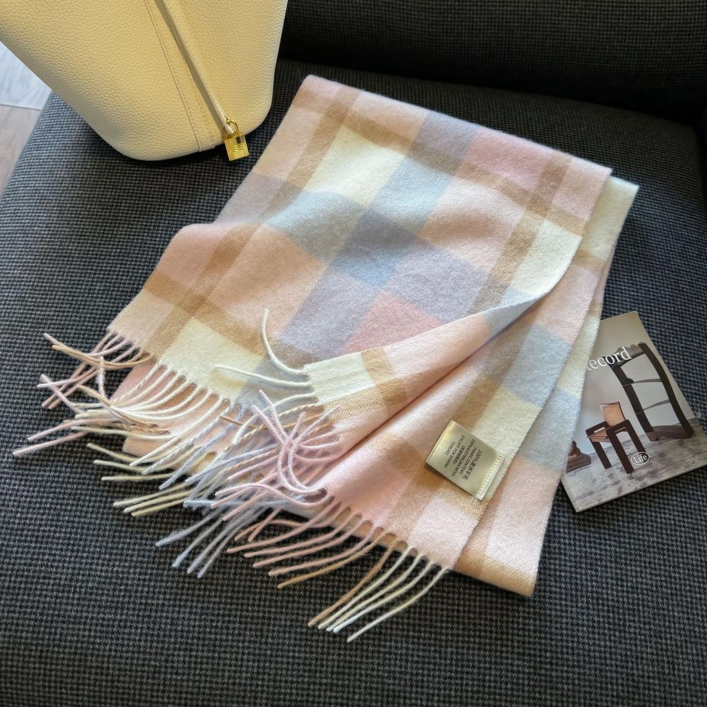 New Wool Warm Scarf for Women in Color Blocked Plaid Scarf Long Tassel Scarf Thickened and Warm