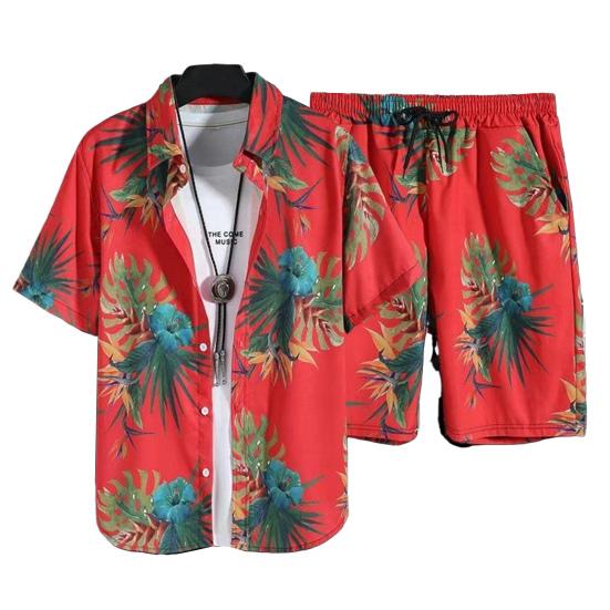 2Pcs/Set Hawaiian Style Shirt Shorts Set Lapel Short Sleeve Single Breasted Shirt Elastic Drawstring Waist Pockets Shorts Set Tropical Print Outfit
