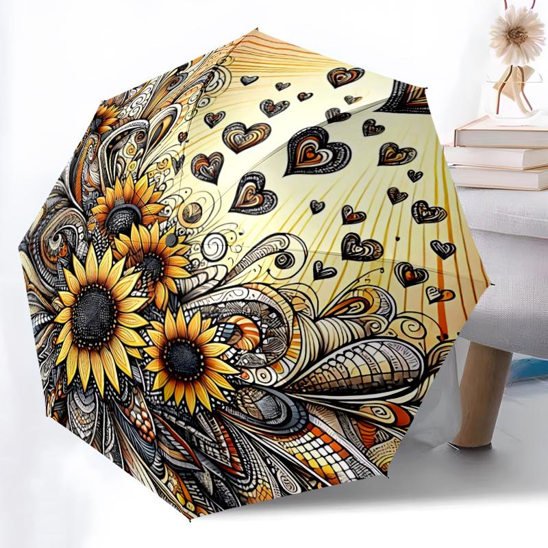 1pc Sunflower Hearts Automatic Open/close Umbrella, 8-Rib Sturdy Structure, Portable Travel Umbrella, Parties, Everyday Usel058