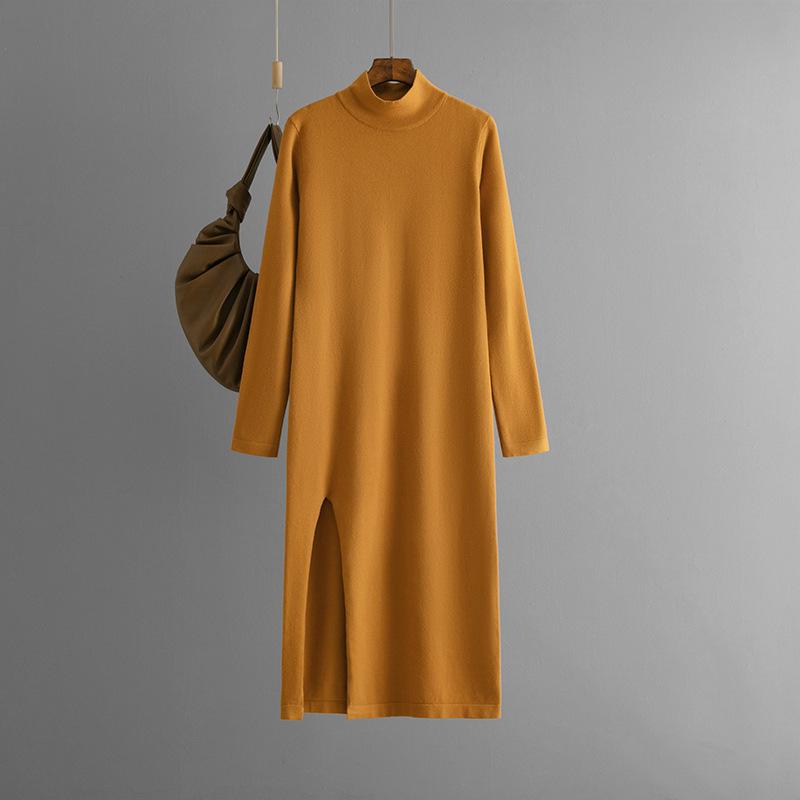

Semi-turtleneck new knitted dress for women s autumn and winter solid color slit long-sleeved leggings trousers with sweater skirt One Size жёлтый