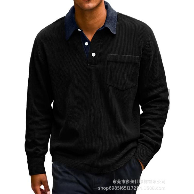 Autumn and Winter New Men's Retro Corduroy Button Pocket Color Blocked Casual Turn Down Collar Long Sleeved Polo Shirt for Men