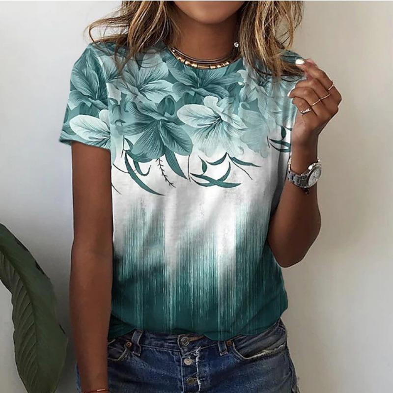 2025 Women's Street Fashion T-shirt Flower 3D Printed Short Sleeve Daily Versatile Casual Loose Round Neck Top Women's Wear